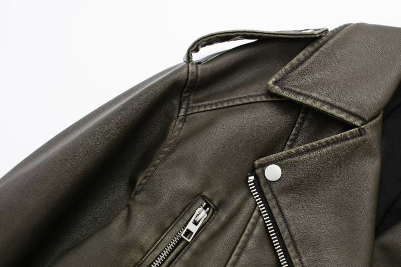Dameskleding 2024 herfst en winter nieuw item diagonale rits riem revers leren PU jas_voghion.com