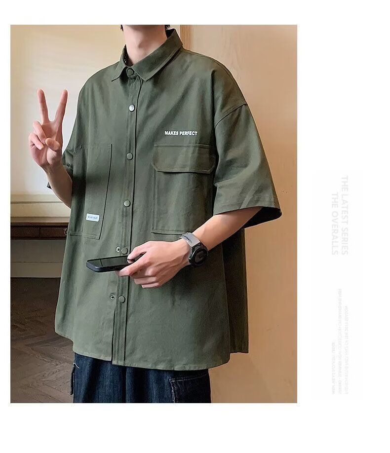 Workwear Ice Silk Short Sleeved Shirt Men's 2024 New Style, Cool And Lightweight, Military Green Lined Jacket For Summer_voghion.com