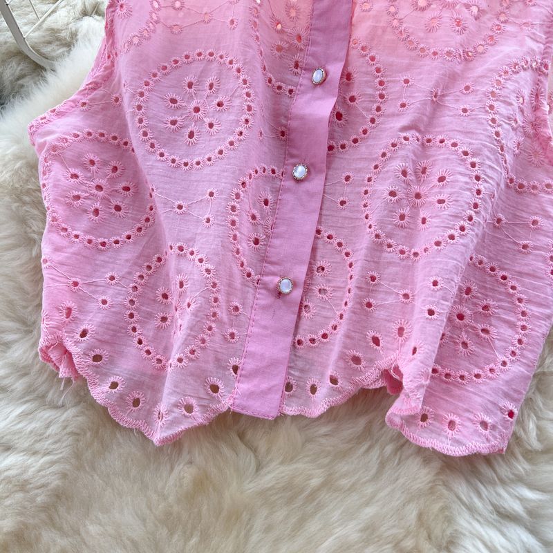 Camisa bordada sin mangas con cortes a la moda para mujer, falda peplum adelgazante de cintura alta_voghion.com