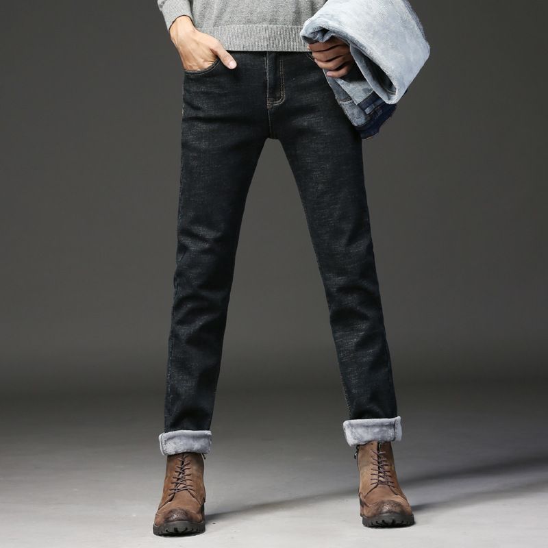 Men's Clothing Men's Winter Fleece Jeans Slim Straight Elastic Fleece Warm Outer Wear Youth Fleece Men's Jeans_voghion.com