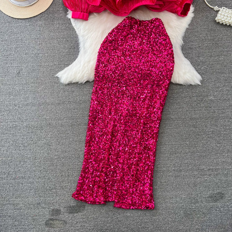 Set moda femminile temperamento socialite femminile lanterna manica lunga scollo a V foglia di loto camicia dal viso luminoso gonna a vita alta con paillettes_voghion.com
