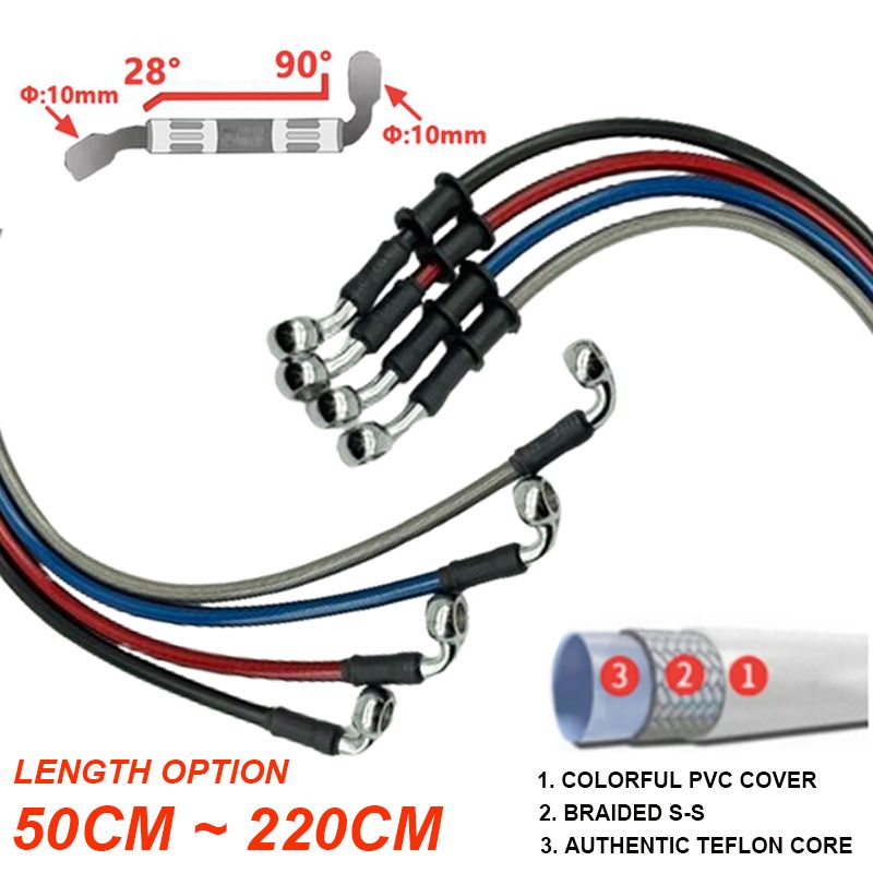 Tubo flessibile freno in acciaio intrecciato per moto da 10 mm, da 28 a 90 gradi, tubo banjo idraulico, 300 mm-2200 mm, universale_voghion.com