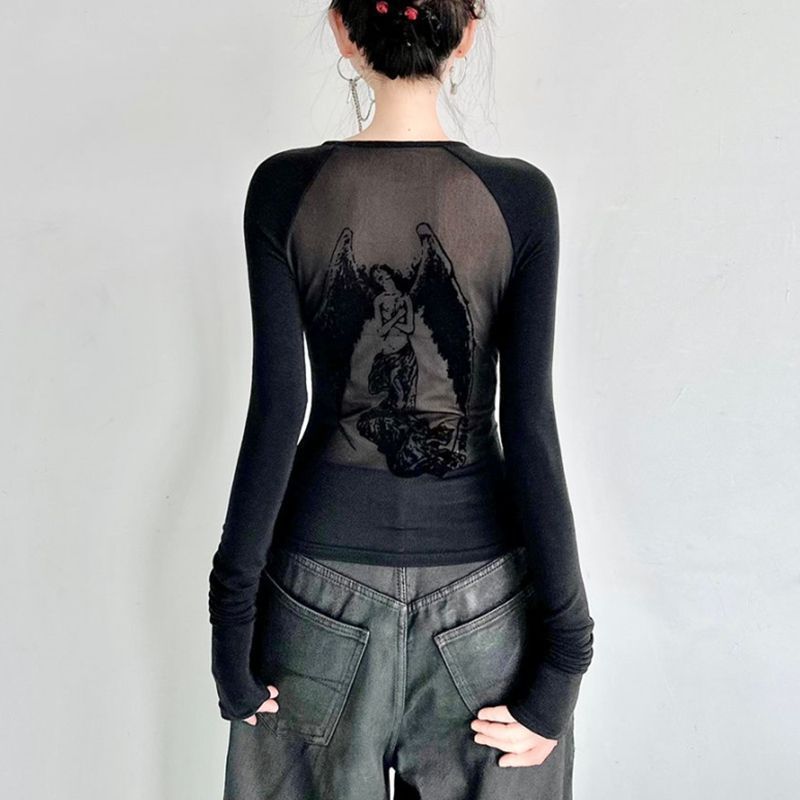 Maglietta corta aderente a maniche lunghe in rete con stampa angelo, stile retrò, sexy e hot da donna_voghion.com