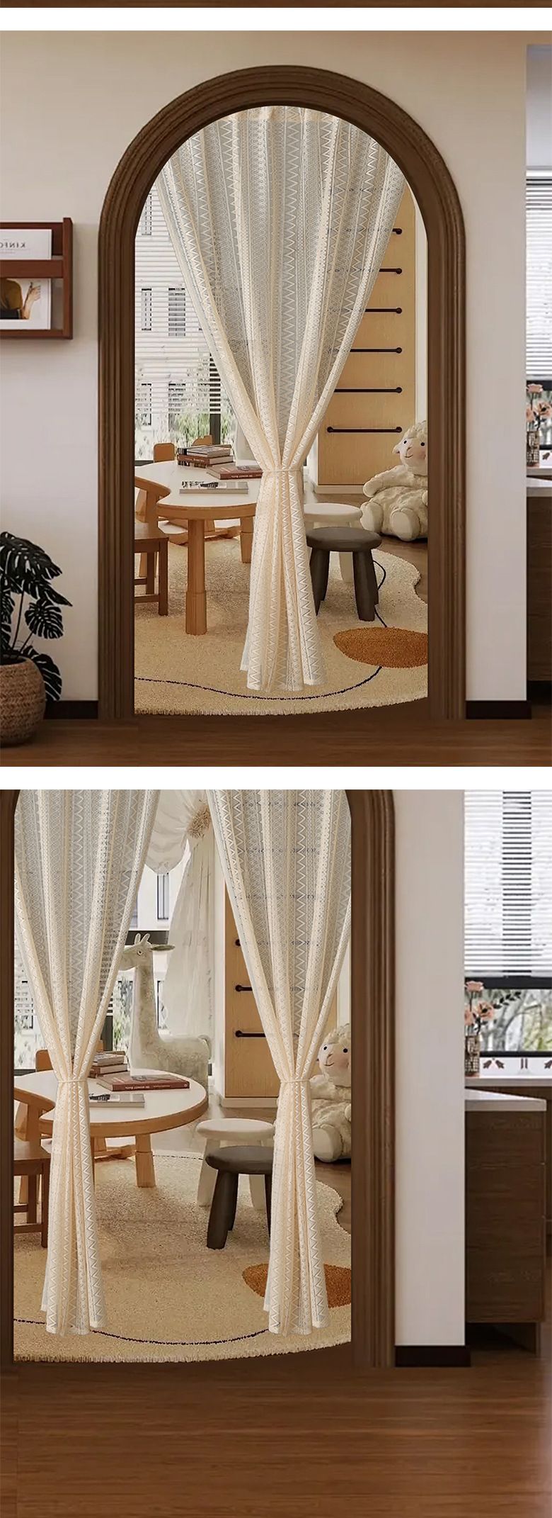 Tenda per porta geometrica bohémien - Pannello in tessuto di poliestere intrecciato con tasca per asta, motivi vintage a onde e strisce per soggiorno e camera da letto_voghion.com