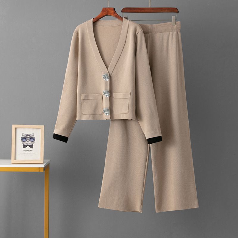 Conjunto de terno de malha feminino – Blazer com botões de cristal + Calça sob medida, estilo escritório-coquetel, em mistura de rayon com motivo floral_voghion.com