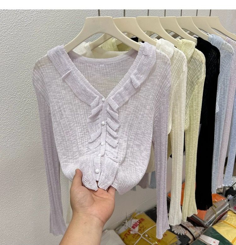 Lotus leaf edge ice silk sunscreen cardigan thin design for women's summer high-end feeling, shawl with suspender skirt,_voghion.com
