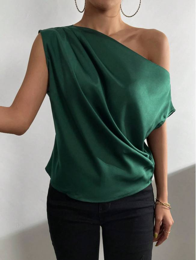 Abbigliamento donna tinta unita raso imitazione seta spalla obliqua irregolare pullover monospalla camicia senza maniche femminile_voghion.com