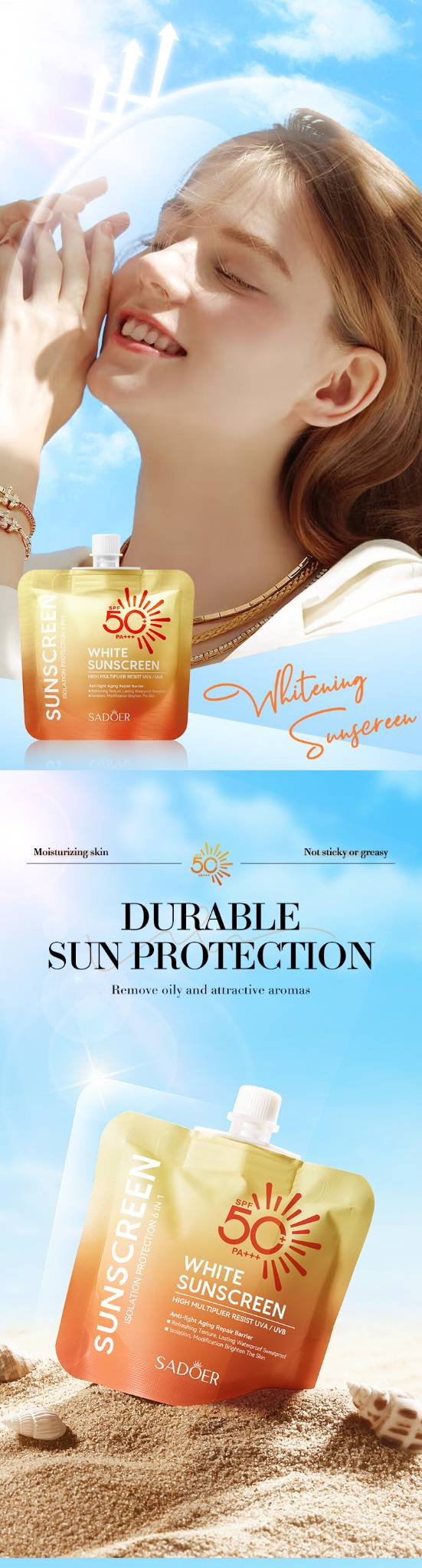 SPF50-aurinkovoide, valkaiseva voide, korkea aurinkosuoja, vedenpitävä, hikeä kestävä, UVA/UVB-suoja_voghion.com
