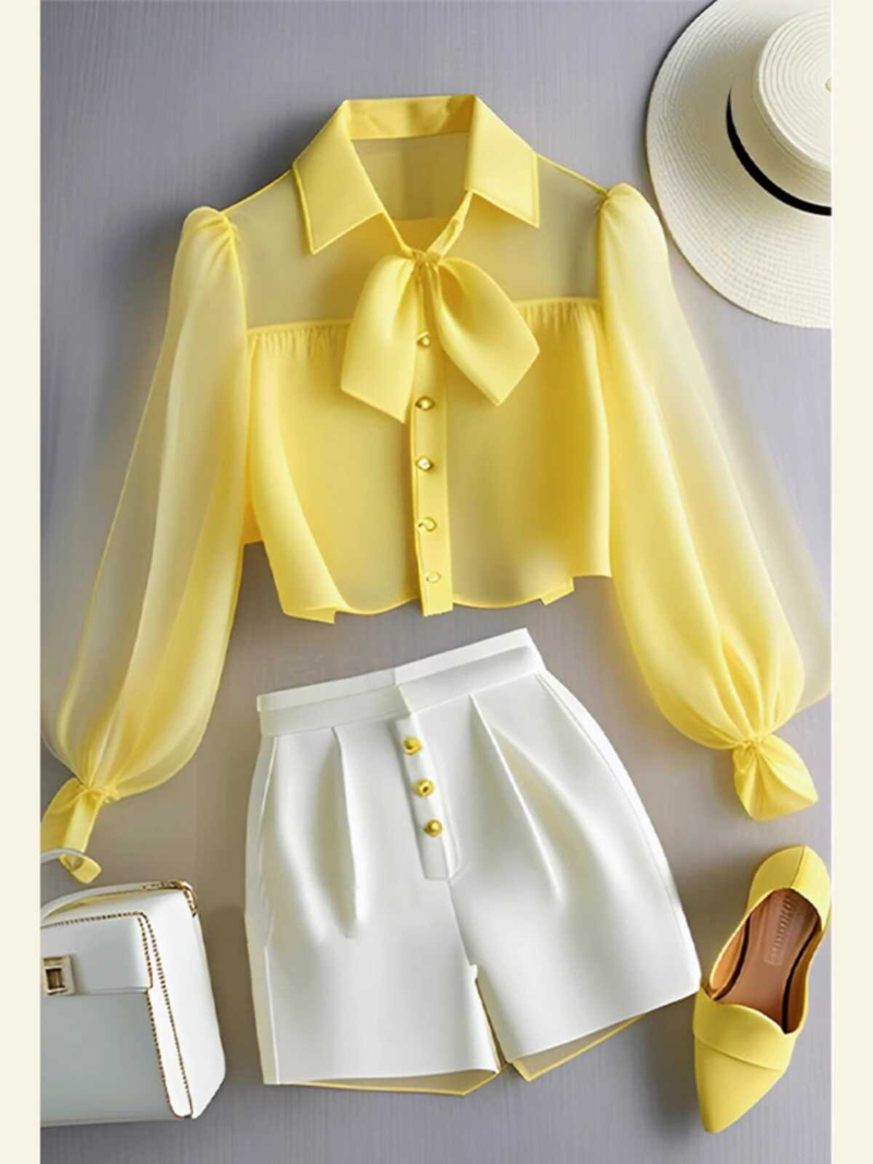 Ensemble chemise et pantalon décontractés à col polo jaune en mousseline de soie pour femme, mode printemps-été et anti-âge_voghion.com