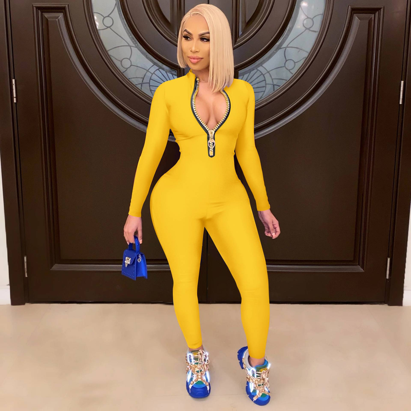 Women's Bodycon One-piece Jumpsuit Long Sleeved Big Zipper Female Casual Sport Workout Skinny Activity Wear Overalls Tops_voghion.com