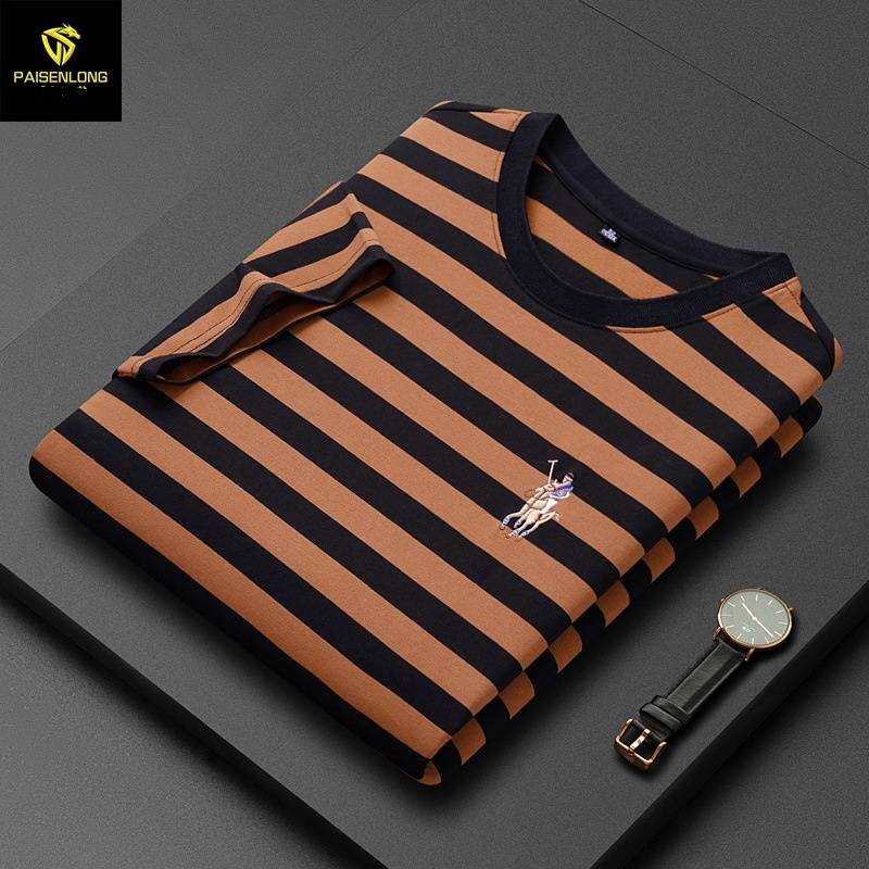 Herrenbekleidung Sommer Gestreiftes Herren Neues Kurzarm-T-Shirt Herren Kurzarm-Oberteil mit besticktem Revers_voghion.com