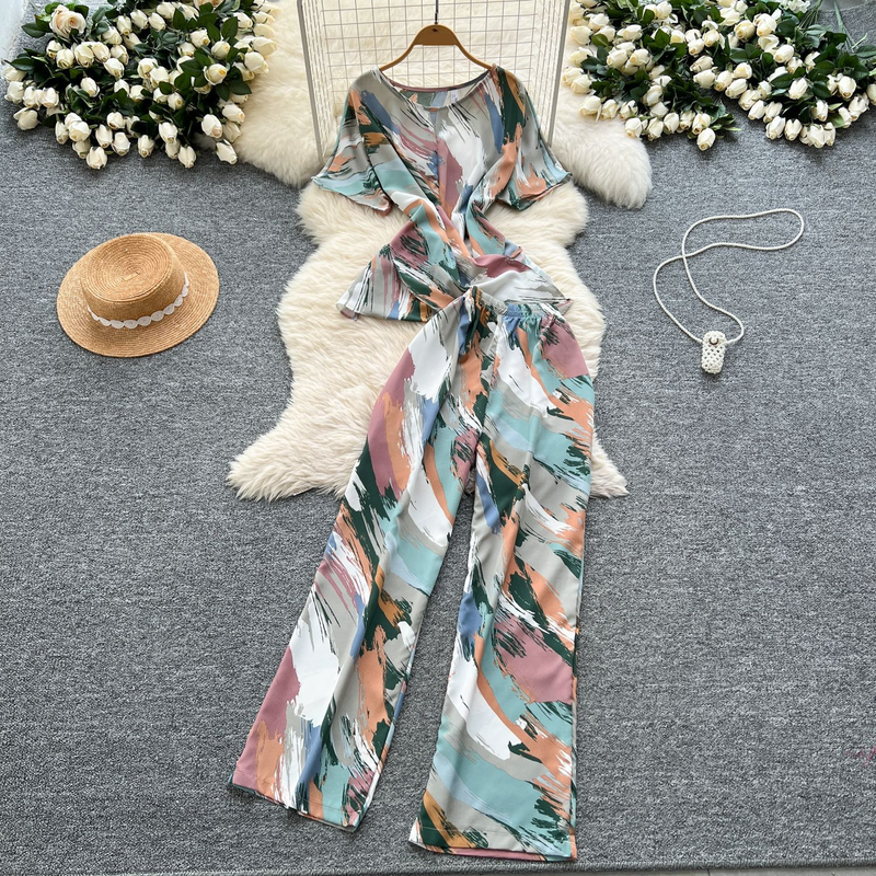 Women's Clothing Two Piece Suit Cross Waist Round Neck Short Sleeves Printed Top High Waist Casual Wide Leg Pants_voghion.com