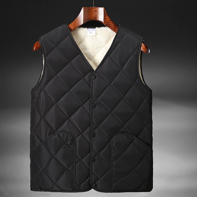 "Men's Winter Vest With Fleece Lining, Thickened Quilted Jacket, Loose Fit Plaid Design, Single Button Closure, No Hood (Black, XL-XXXXL)"_voghion.com