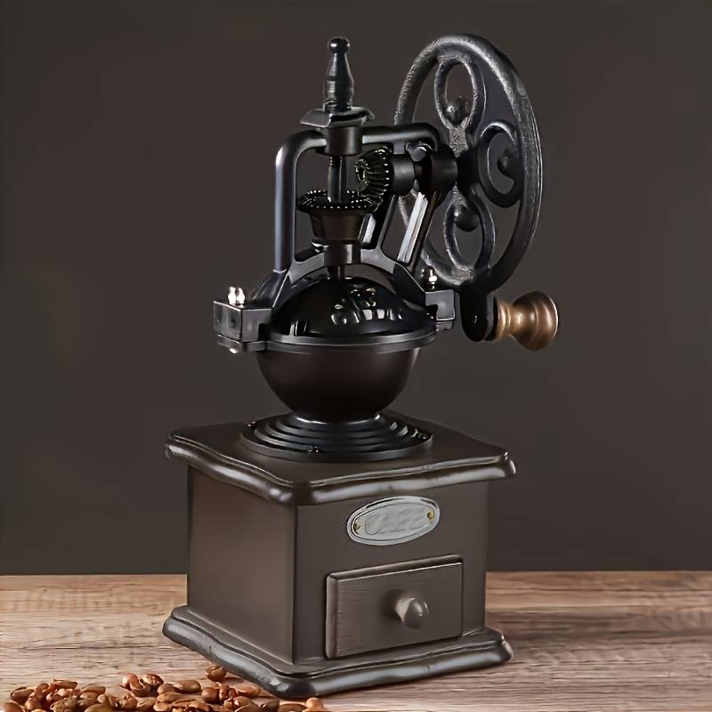 Vintage Hand Coffee Grinder - Wood, Cast Iron & Rubber Material, 27cm Height, 13cm Width, Artificially Colored, Not Washable_voghion.com