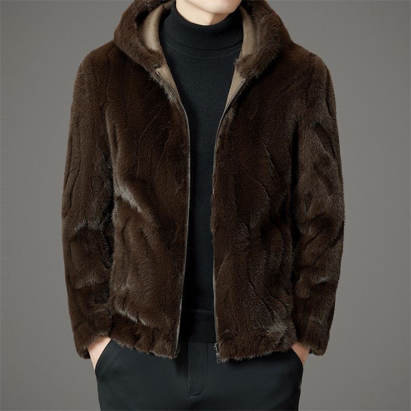 "Men's Reversible Faux Fur Coat – Winter Hooded Parka With Stand Collar (Black/Grey/Mocha)"_voghion.com