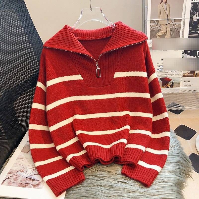 Damenbekleidung im koreanischen Winterstil, übergroßer Kragen, Farbblock-Pullover, Strickpullover mit halbem Reißverschluss_voghion.com