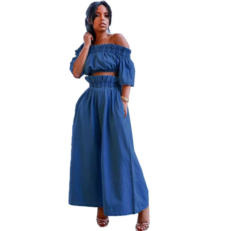 Audday New Off-Shoulder Crop Top With Ruffles, Short Sleeve, Wide-Leg Solid Color Denim Set For Women_voghion.com