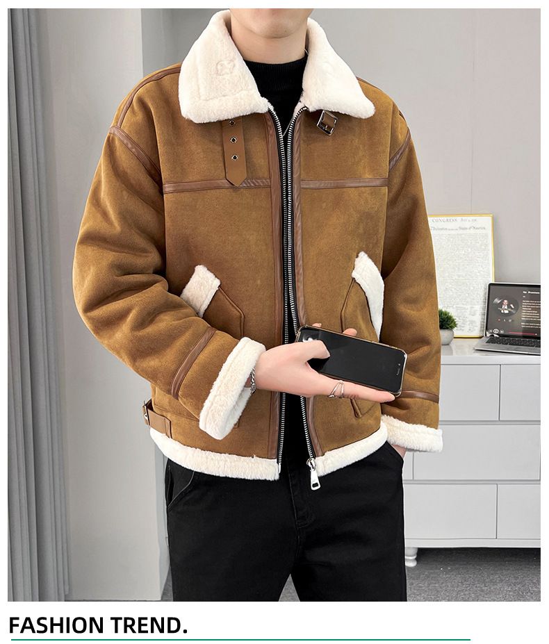 Men's Faux Shearling Lamb Fur Jacket Winter Loose Fit Stand Collar Motorcycle Coat Fleece Lined Thick Warm_voghion.com