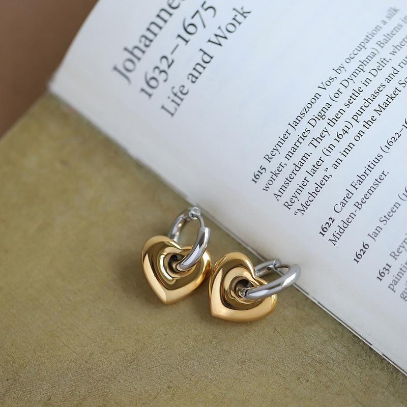Damenschmuck – Modische Ohrclips in Herzform aus zweifarbigem Metall, schickes Design im französischen Stil, trendige und einzigartige Farbbeständigkeit in Silber_voghion.com
