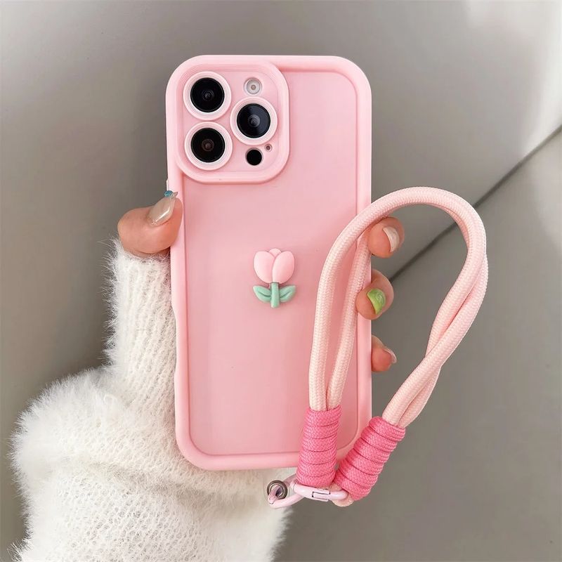 3D Cute Tulip Flower Lanyard Rope Phone Case For IPhone 17 16 15 14 13 12 11 Pro Max 16E X XS XR 7 8 Plus Silicone Soft Cover_voghion.com