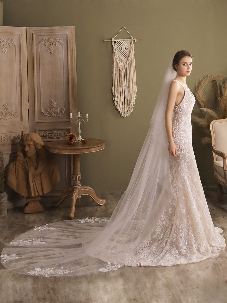 Unisex Squisito grande pizzo velo da sposa in pizzo Chiesa matrimonio strascico viaggio pattie copricapo_voghion.com