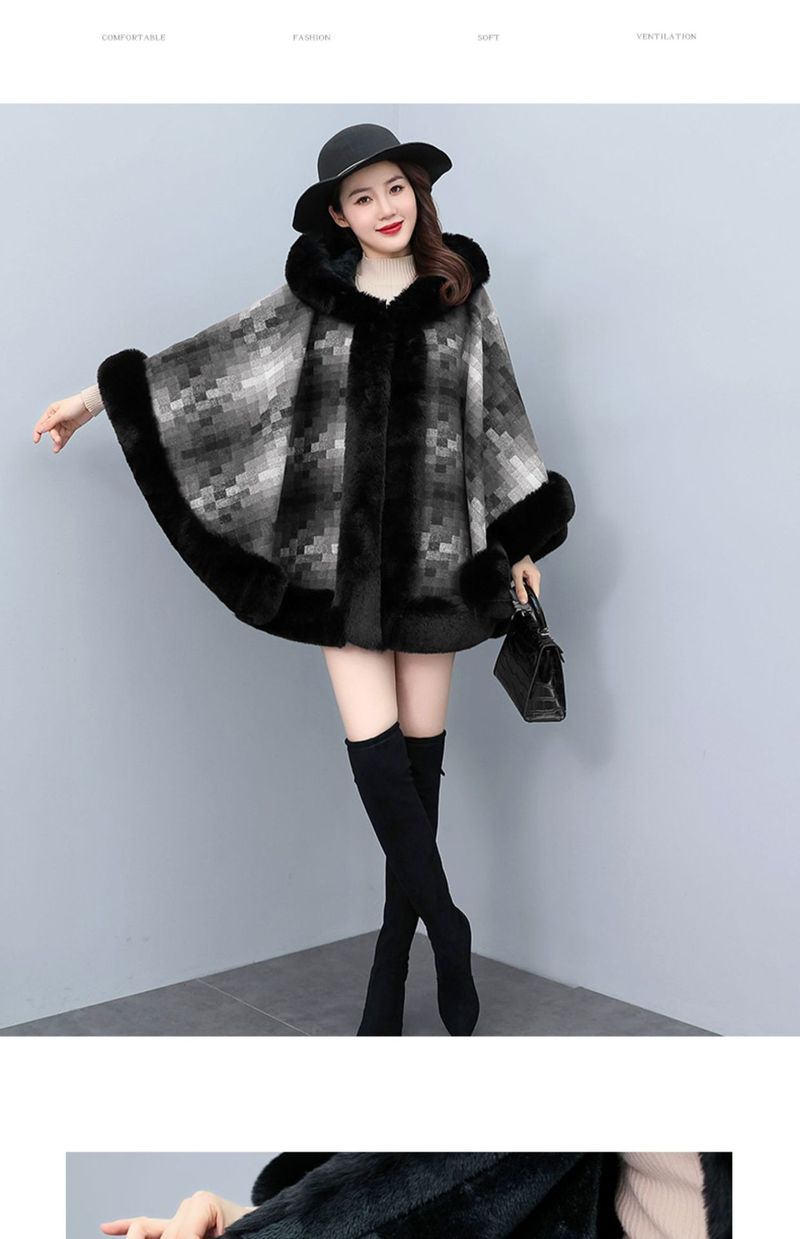 Cappotto cardigan scozzese con collo a scialle e cappuccio in pile ispessito_voghion.com