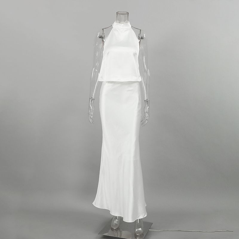 Gilet dos nu pour femmes, col licou, jupe taille haute, ensemble deux pièces en satin d'acétate, jupe longue haut de gamme pour femmes_voghion.com