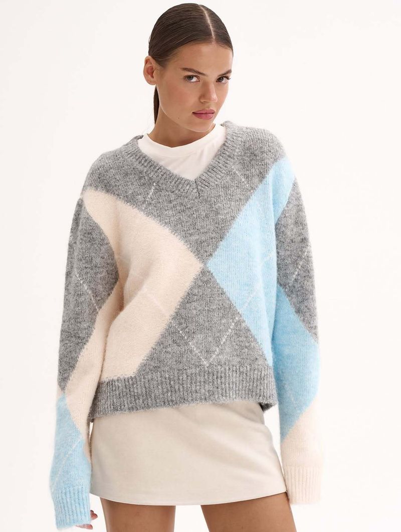 Pull en tricot losanges classique nordique pour femme - Pull à manches longues et col rond avec motif 3D, mélange de coton chaud automne-hiver_voghion.com