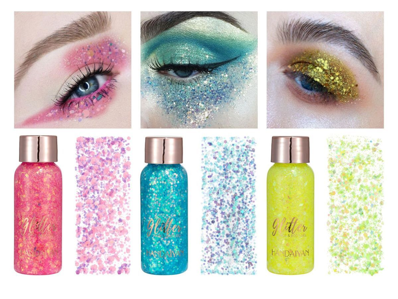 Zestaw kosmetyków do pielęgnacji urody, 3 brokatowe cienie do powiek, żel z cekinami, mleczko do ciała, syrena, scena, klub nocny, wesele, fryzura 2023 202_voghion.com