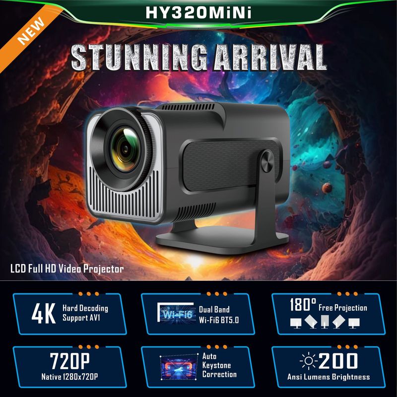 Tragbarer 4K-Android-Projektor HY320MiNi – 130-Zoll-HD-Riesenbildschirm, kabellose Wi-Fi 6-Bildschirmprojektion, automatische Trapezkorrektur_voghion.com