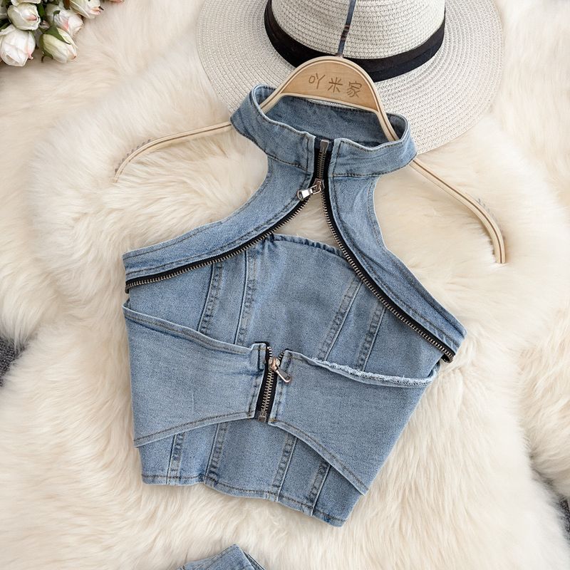 Conjunto de dos piezas de top corto y falda vaquera con cuello halter para mujer, estilo urbano, para verano_voghion.com