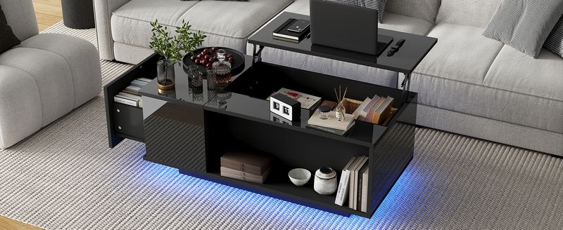 Table basse réglable en hauteur 100 x 50 x 40 cm avec rangement dissimulé, éclairage LED, tiroir, table d'appoint de salon, noire_voghion.com