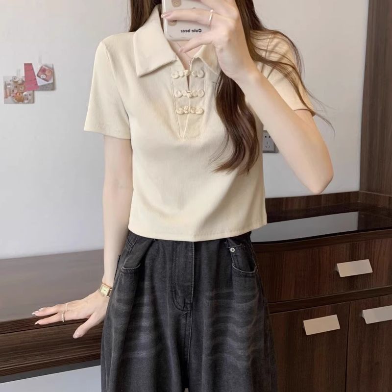 New buckle Chinese style sleeved T-shirt for women in summer 2024, covering the belly and showing off thinness, short_voghion.com