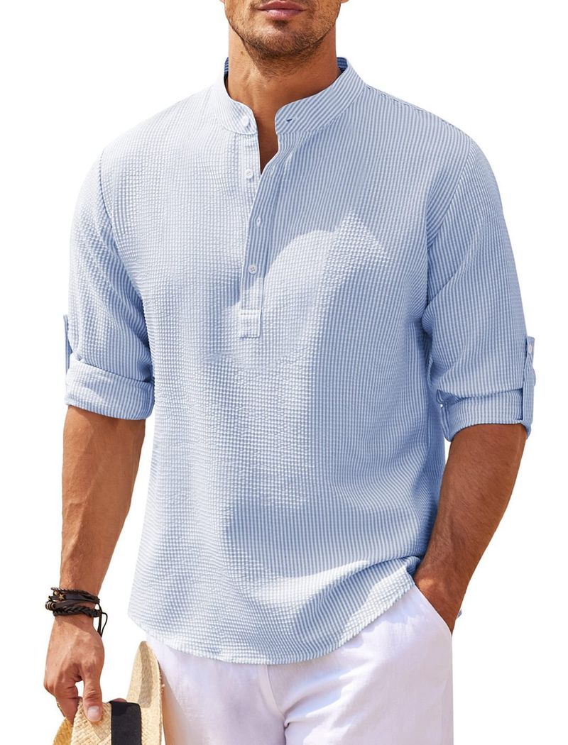 Camicia a maniche lunghe da uomo, colletto alto, mezza camicia con bottoni, camicia a quadri con ananas_voghion.com