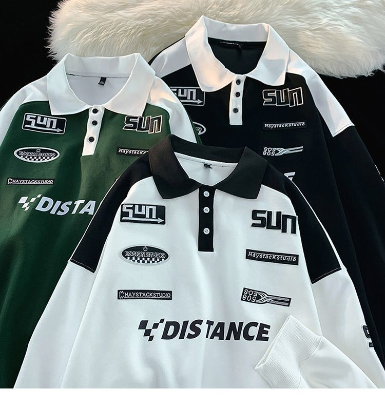 Sudadera con capucha retro americana para hombre, camisa polo de marca de moda, traje de carreras con solapa de manga larga, top de tendencia, primavera y otoño 2024_voghion.com