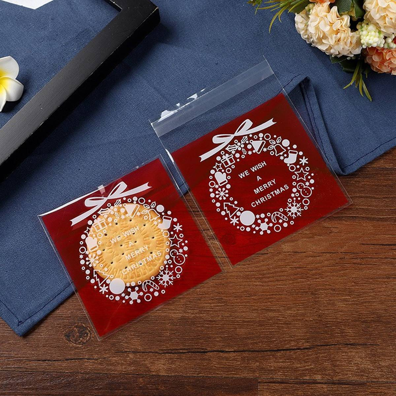 25 Stück rote Keksverpackungsbeutel mit Weihnachtskranz, Schneeflocken-Süßigkeiten-Druckverschlussbeutel, selbstklebende Backverpackungsbeutel_voghion.com