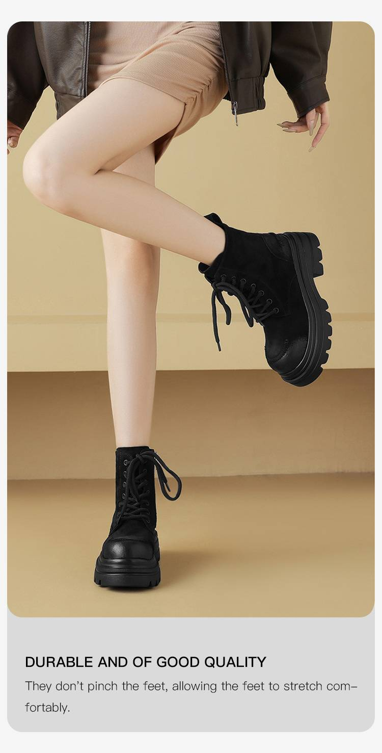 cameido Women's Thick-soled, Chunky-heeled Short Boots In Retro British Style, Lace-up. Martens Boots With Fleece Lining For The Autumn_voghion.com