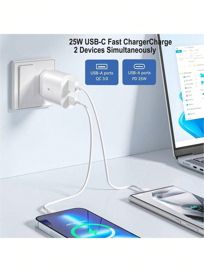 25 W EU divu portu lādētāja komplekts ar PD/PPS, saderīgs ar iPhone 16/15 sērijas un Samsung Galaxy S25/S24/A sērijas ātro uzlādi_voghion.com