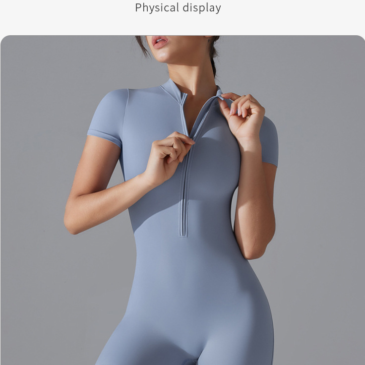 Combinaison courte moulante à fermeture éclair semi-ouverte et élastique de couleur unie, style européen et américain, pour danse, fitness, sport_voghion.com