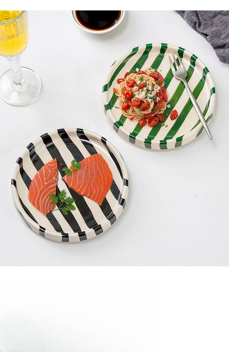 Hand-Painted Ceramic Plate - 9 Inch Korean Style Striped Dessert Plate With Raised Edge For Food Presentation (Set Of 4)_voghion.com