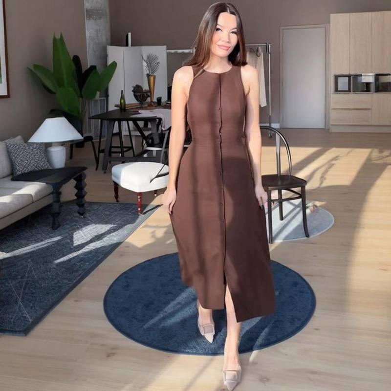 Abito da donna senza maniche con bottoni sul davanti, a vita alta, estivo, casual, elegante, avvolgente, in poliestere elasticizzato, comodo_voghion.com