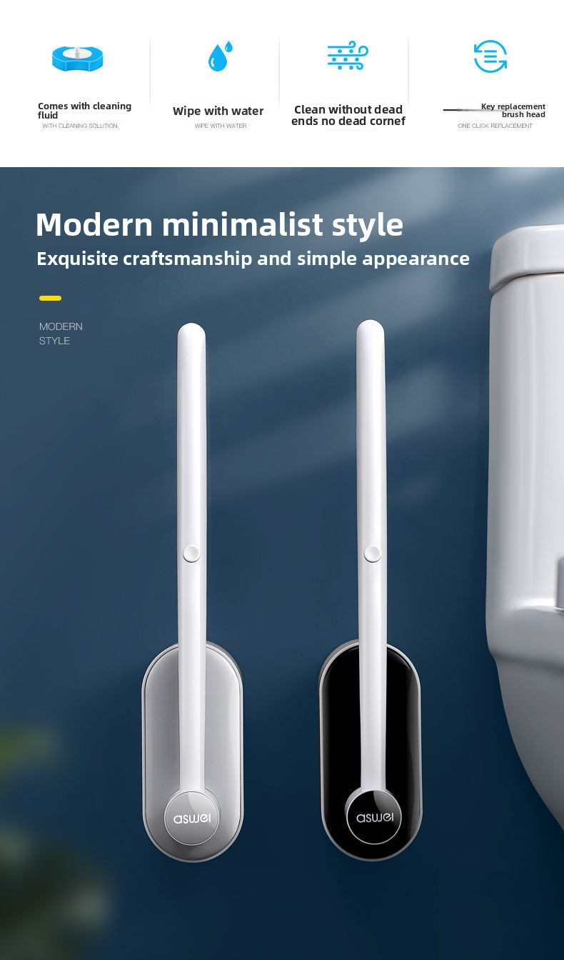 Disposable Toilet Brush Set With 8 Replaceable Heads, Wall-Mounted Angle Cleaner For Bathroom – Modern & Hygienic Grey/Black_voghion.com