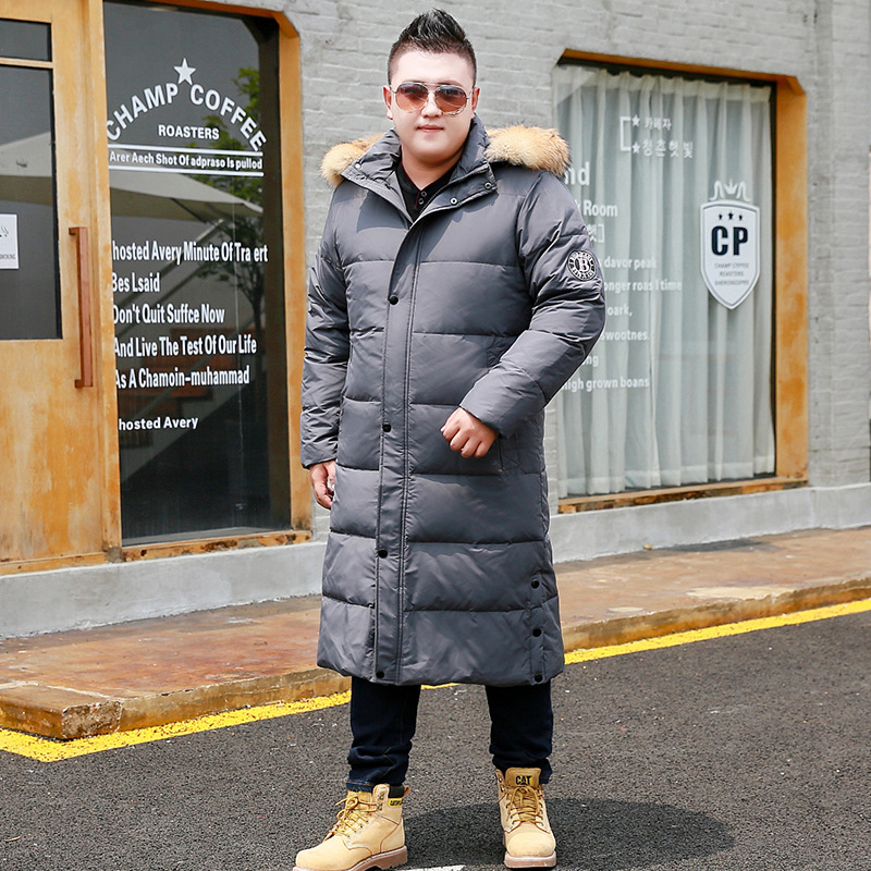 Piumino extra lungo da uomo per taglie forti e alte, piumino d'anatra bianca con potere riempitivo 700, giacca invernale impermeabile con collo in pelliccia di volpe, nero e grigio_voghion.com