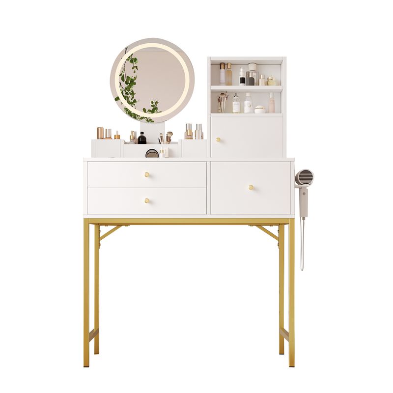 Großer Schminktisch mit dimmbarer LED-Beleuchtung (3 Farbtemperaturen), 3 Schubladen & 1 Türn,1 Spiegel_voghion.com