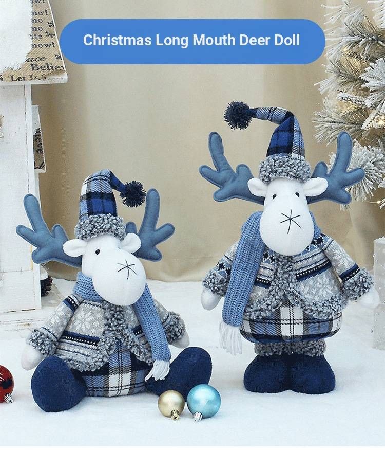 Blue Fabric Christmas Reindeer Plush Toy – Standing & Sitting Santa Hat Deer Doll For Window Display & Festive Decor_voghion.com