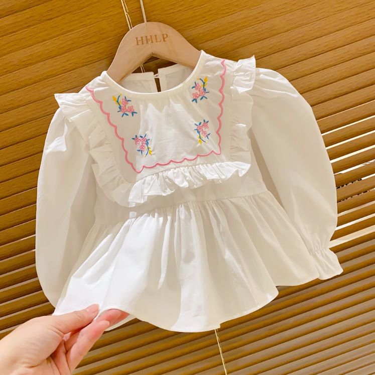 Abbigliamento per bambini Ragazze Colletto in pizzo ricamato Maniche a tromba Maglietta per neonati Jeans con spacchi Set due pezzi_voghion.com