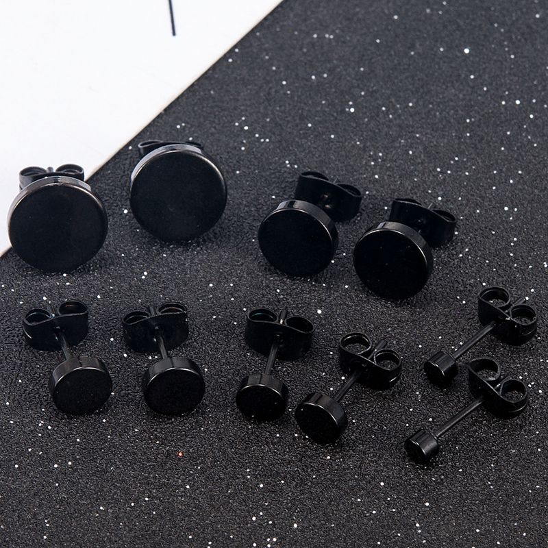 Moda Donna Uomo Nero Rotondo Acciaio Inossidabile Semplice Orecchini a Bottone 5 Dimensioni Punk Orecchino Gioiello_voghion.com