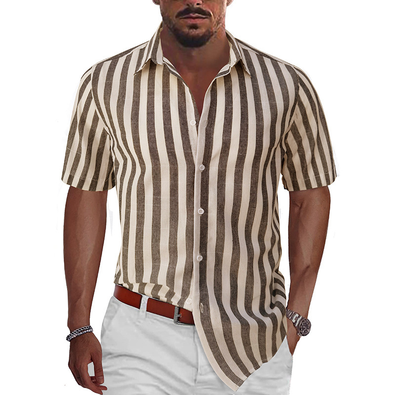 Camicia casual a maniche corte a righe da uomo europea e americana, da spiaggia, per esterni, camicia hawaiana casual a mezze maniche da uomo_voghion.com