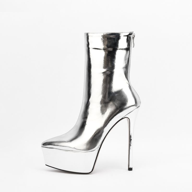 Pointed Toe Laser Patent Leather Waterproof Platform Short Stiletto High Heel Bare Performance Stage Show Elastic Boots_voghion.com