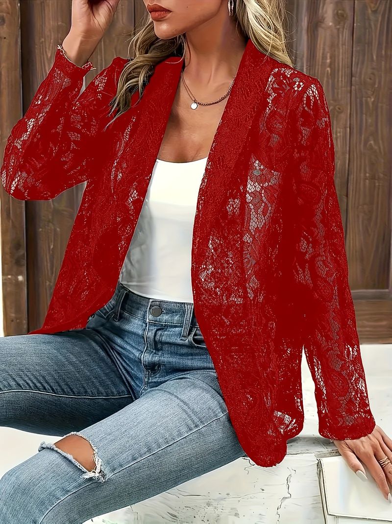 Women's Clothing Floral Lace Elegant Lapel Long Sleeve Suit Jacket_voghion.com